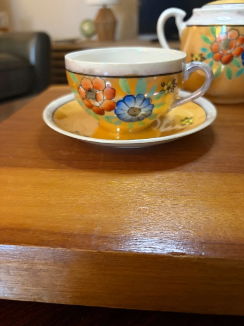 Vintage (1921-41) Japanese Lusterware Porcelain Sugar Bowl with 2 Cups & Saucers